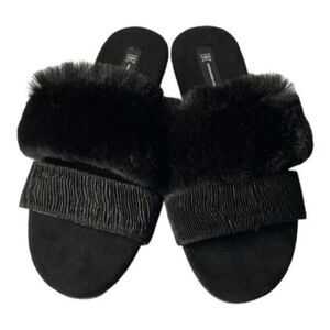 INC Womens Double Band Black Faux Fur Slippers NWT